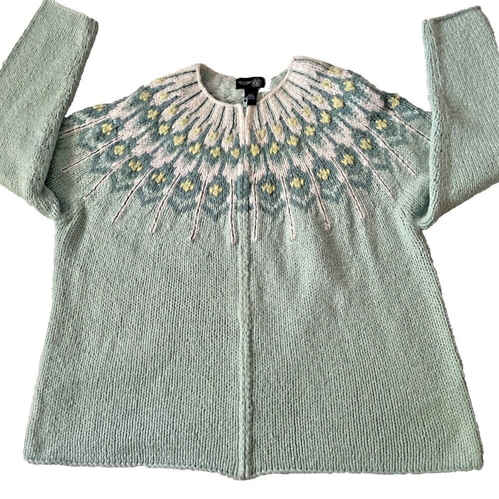 Handmade Womens Knit Cardigan With Floral Yoke Design Size M Pastel Mint Green & - Picture 1 of 8